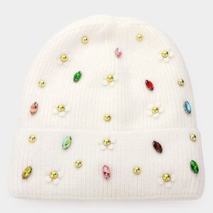 Rhinestone & Daisy Jewel Embellished Fleece Lining Knit Beanie Hat